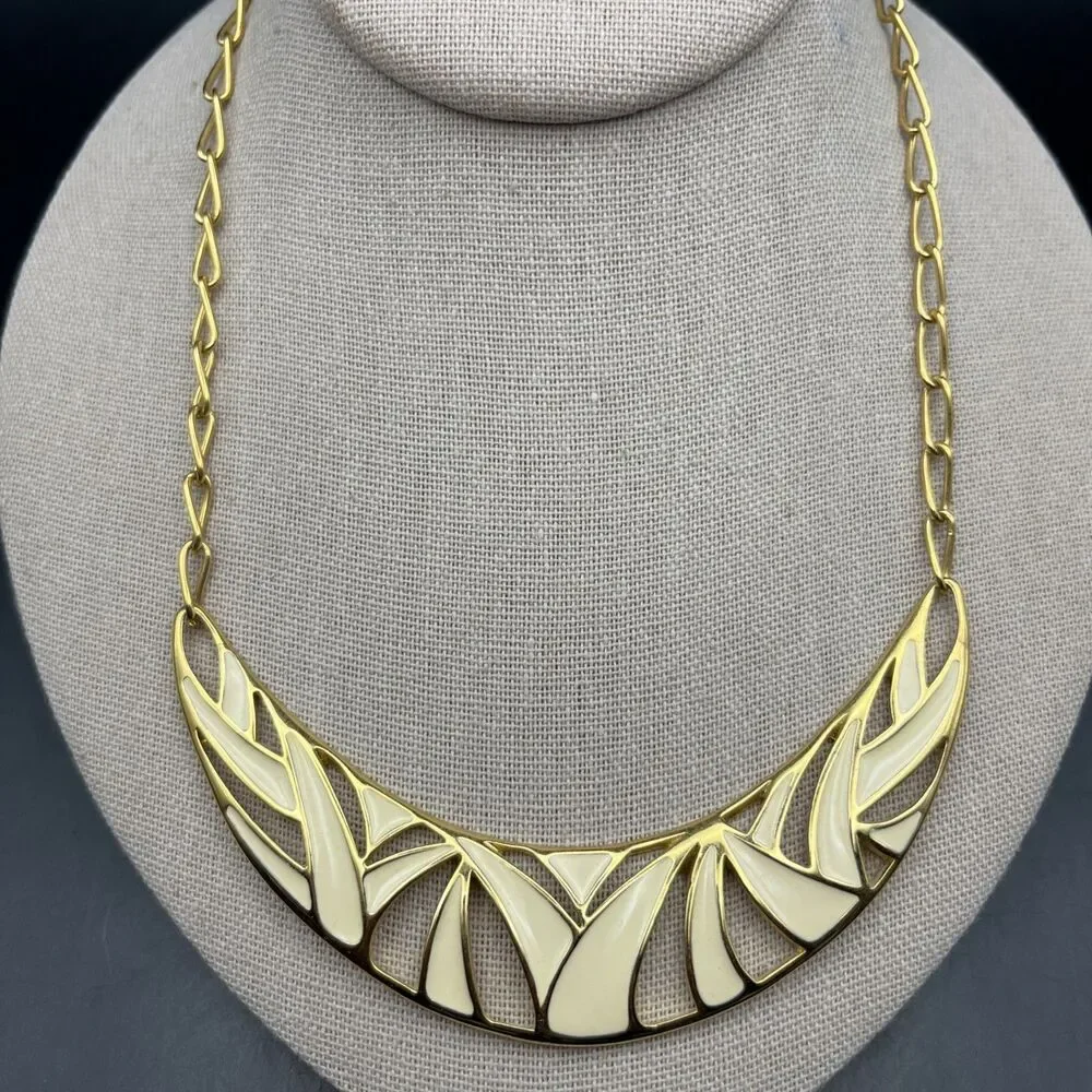 Vintage Monet Enamel Bib Collar Necklace Cream Gold Tone Abstract Design 80s